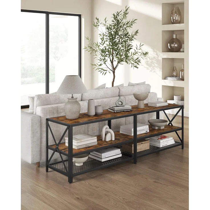 TV-Ständer für Fernseher bis 60 Zoll, TV-Tisch, Entertainment-Center, 3-stufige TV-Konsole, Stahlrahmen, Industriestil, – Bild 3