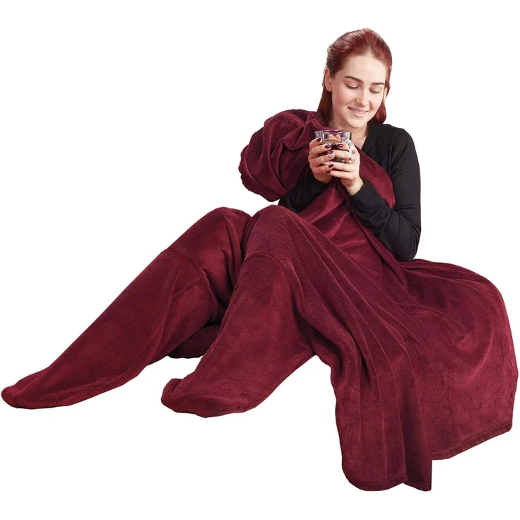 CelinaTex Flauschige Kuscheldecke mit Füßen Socken XL 170x200 cm Bordeaux Sockendecke Fußwärmer Mikrofaser Fleece Oeko-TEX Footy – Bild 1