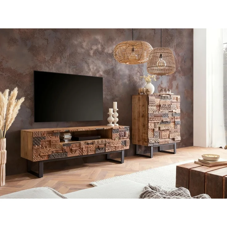 Highboard Greenland massivum Mango Massivholz braun 100x128x45 cm rustikal Boho-Stil Wohnzimmer-Kommode Anrichte Unikat recycelt – Bild 9