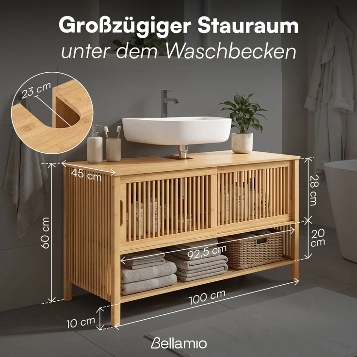 Bellamio 'Newa' Waschbeckenunterschrank, Bambus, natur, Badezimmerschrank mit 2 Ablagefächern und Schiebetüren – Bild 9