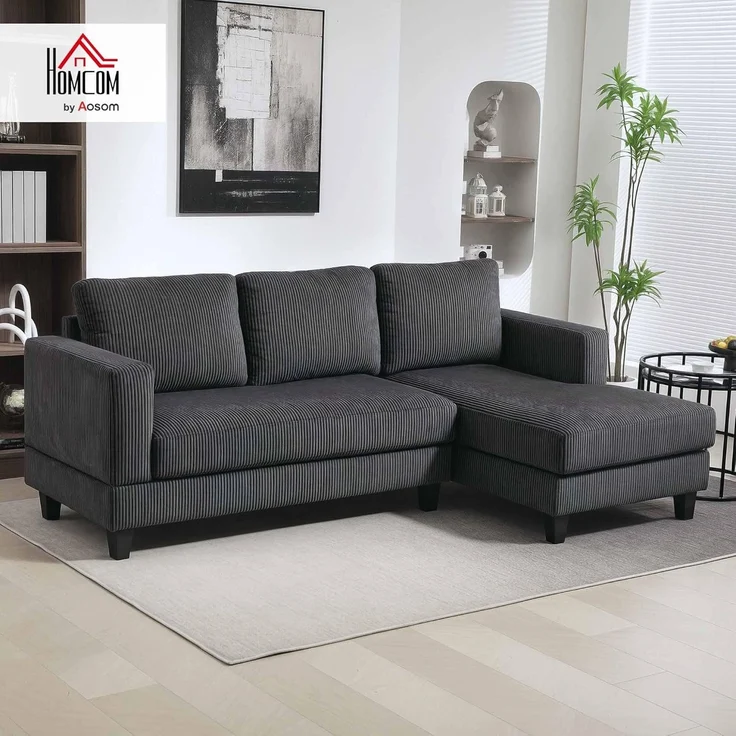 HOMCOM Ecksofa Sofa mit Chaiselongue Cord-Optik Hochdichtem Schaumstoff, bis 400 kg, L Form Couch 1 Teile, für Wohnzimmer, Schlafzimmer, 214 x 134 x 84 cm Dunkelgrau – Bild 2
