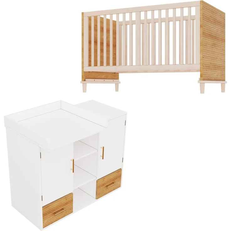 Merax Wickeltisch & Gitterbett Set, Babyzimmermöbel, Kinderzimmermöbel, Baby-Wickeltisch (114 x 53 x 92 cm), Wickelablage, abnehmbares Wickelgeländer, Babybett (70 x 140 x 87 cm), natur – Bild 5
