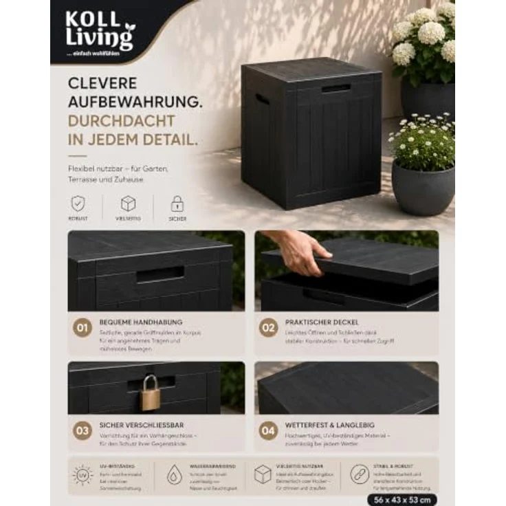 Koll Living Gartenbox Cubex, witterungsbeständig, pflegeleicht, 118 Liter, Anthrazit, 56 x 43 x 53 cm – Bild 3