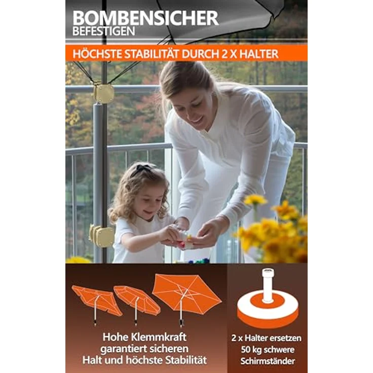 4smile 2 x Sonnenschirmhalter Balkongeländer SunnyBoy 3.0 + Windsicherung für Schirme - Schirmhalterung Balkongeländer als Sonnenschirmständer Balkon - Sonnenschirm Halterung Balkon, Sandbraun – Bild 4