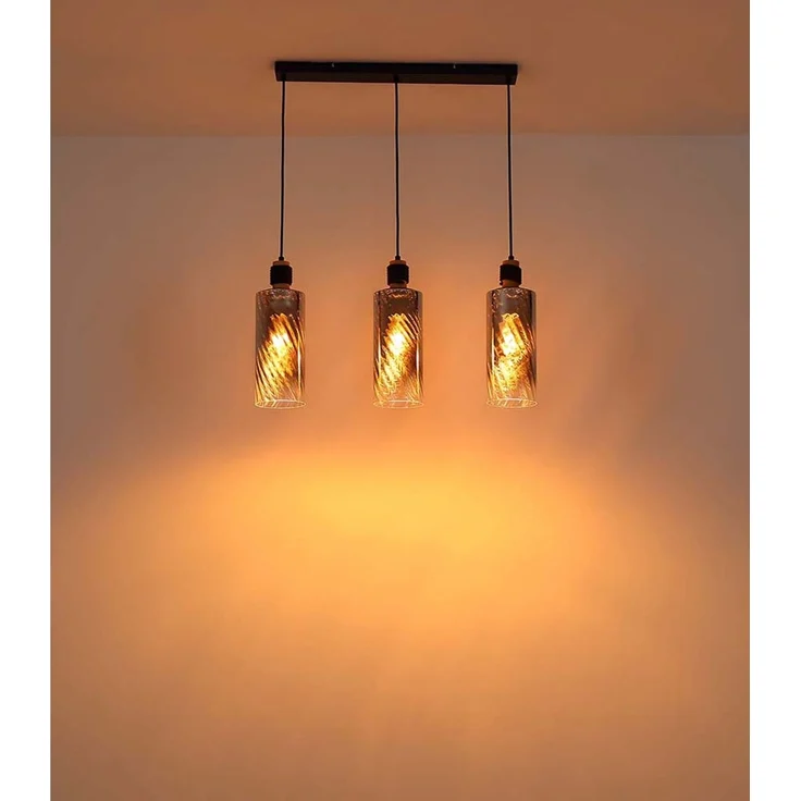 Pendelleuchte, schwarz, Holz braun, Glas rauchfarben, H150cm – Bild 3