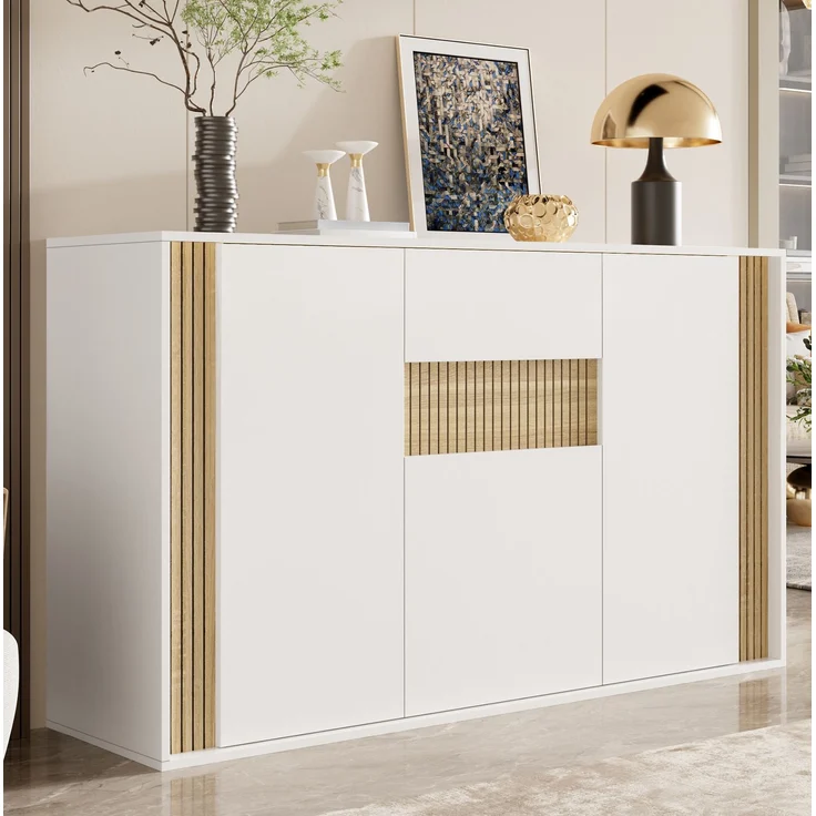 DESVIAE Sideboard Natur/Weiß aus Spanplatte – 140x82x40 cm – 3 Türen, Schublade, LED-Beleuchtung – Bild 3