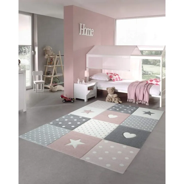 Carpetia Kinderteppich Kinderteppich Spielteppich Mädchen mit Herz Stern rosa creme grau, rechteckig