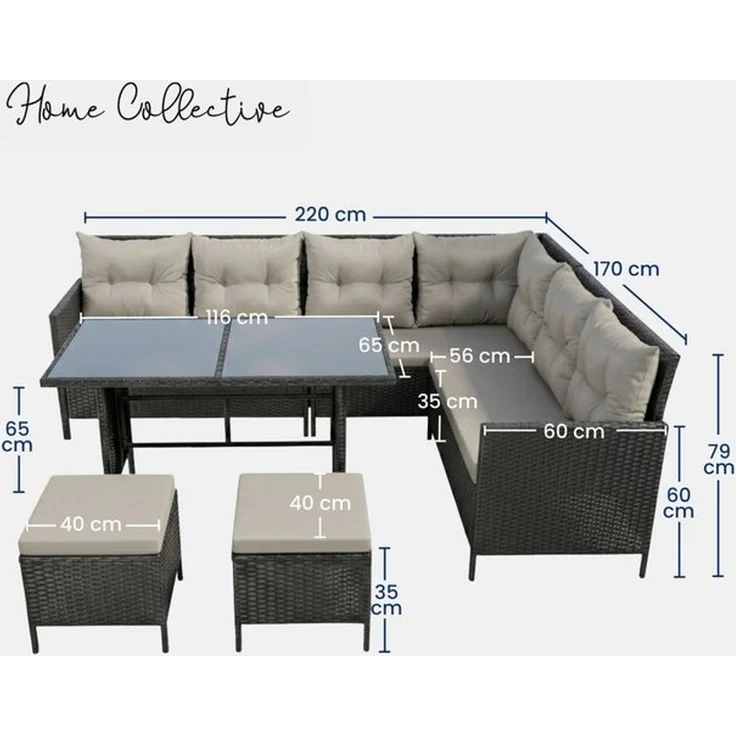Home Collective Gartenlounge-Set 7-Sitzer mit Ecksofa Outdoor Möbel Gartenmöbel Polyrattan Outdoormöbel, (220x170x79 cm (BxTxH), gemütliche Polster in schwarz oder grau), inkl. Esstisch mit gehärteter Glasplatte und zwei Hocker, schwarz – Bild 4
