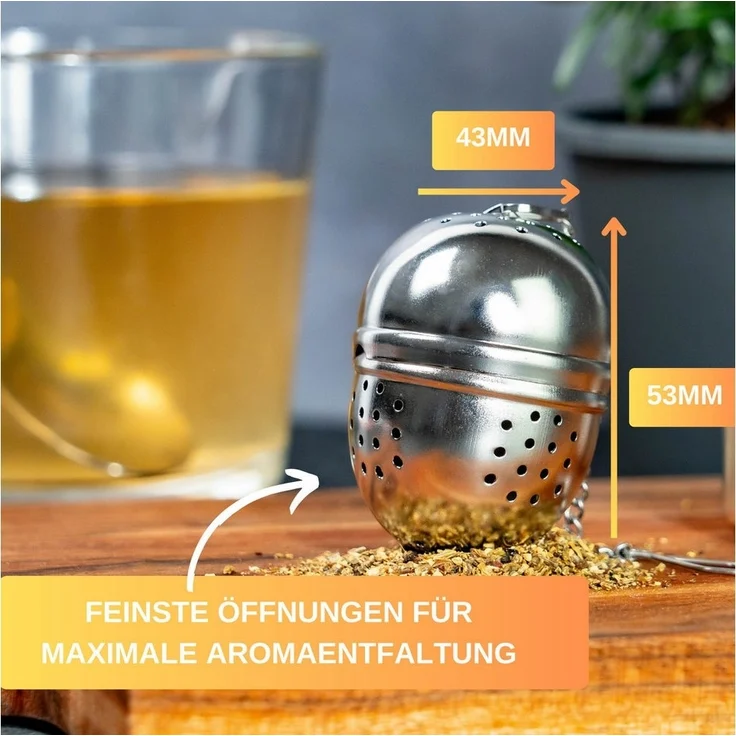 Thiru Teesieb Premium Teeei & Gewürzsieb Edelstahl inkl. Untersetzer, Teeei 1er – Bild 2