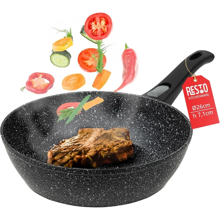 RESTO Kitchenware Bratpfanne Leo, Wokpfanne mit vierschichtiger Marmor-Antihaftbeschichtung, Aluminium (1-tlg), mit einem abnehmbaren Griff - backofenfest, spülmaschinenfest