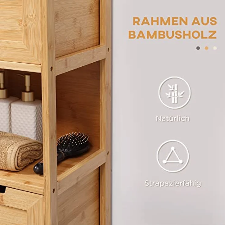 kleankin Badezimmerschrank Badschrank Aufbewahrungsschrank mit Kippschutz aus Bambus, Unterschrank mit 2 Schubladen, Lanfhausstil Beistellschrank, Naturholz, 30 x 30 x 90 cm – Bild 6
