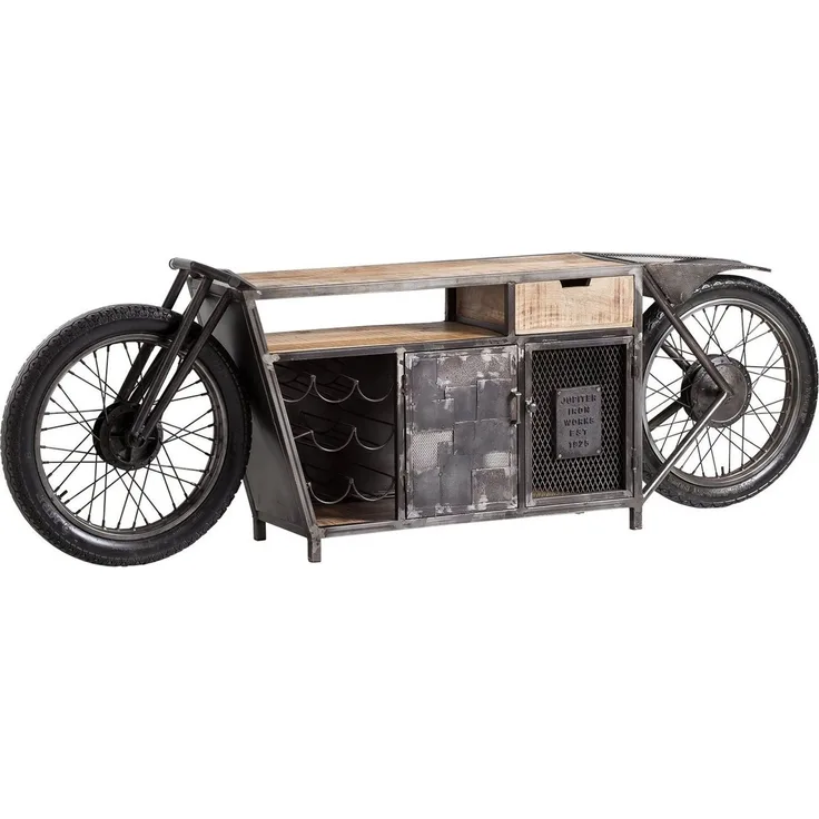 Konsolentisch Harlow-Bike - Mangoholz, Metall, Upcycling & mehr, Motorbike-Design und Hausbar im lockeren Look