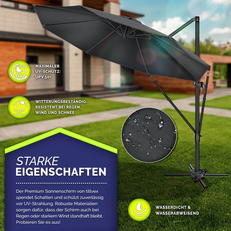 tillvex® Sonnenschirm verstellbar mit Kurbel, 360° drehbar, Polyester / Aluminium braun, Ø 300 cm – Bild 2