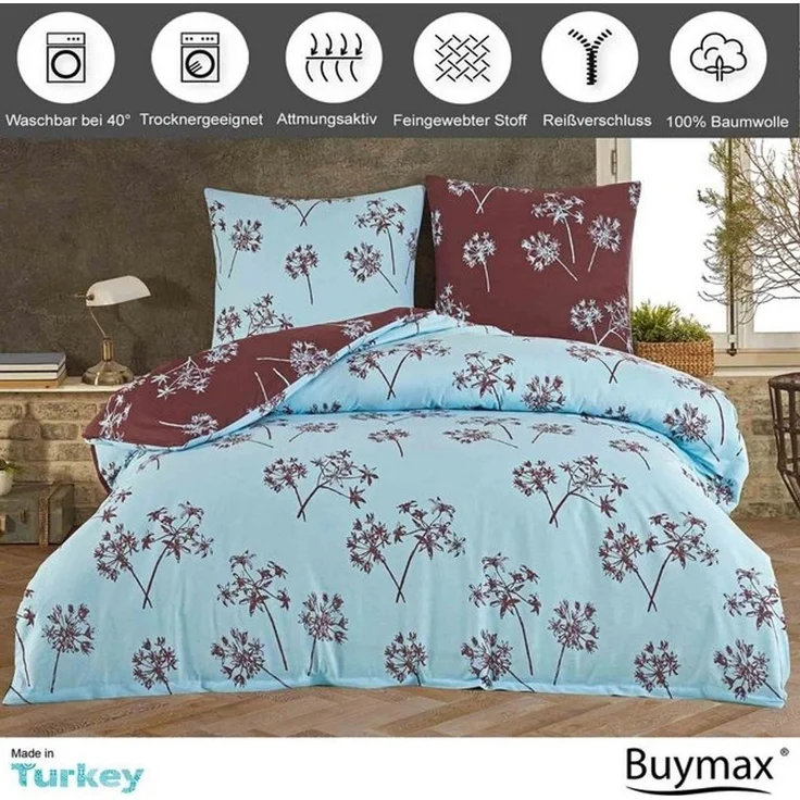Buymax Bettwäsche Idil, Renforcé: 100% Baumwolle, 3 teilig, 200x220 cm, mit Reißverschluss, Geblümt, Löwenzahn, Türkis Braun – Bild 4