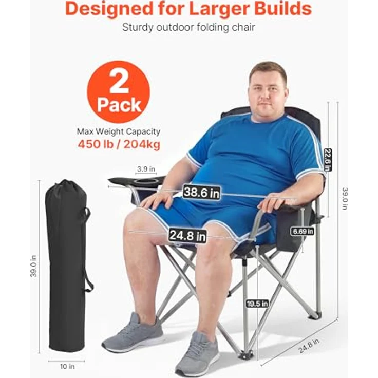 VEVOR 2 x Campingstühle (Übergroß) Faltstühle 204 kg Belastbar, Anglerstühle mit Gepolsterter Rückenlehne & Armlehnen, Klappstühel mit Getränkehalter & Seitentasche, für Outdoor-Aktivitäten Angeln – Bild 4