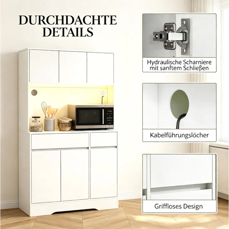Küchenbuffet mit Arbeitsfläche, RGB-LED und 6 Türen, 100x38x180 cm, Weiß – Bild 6