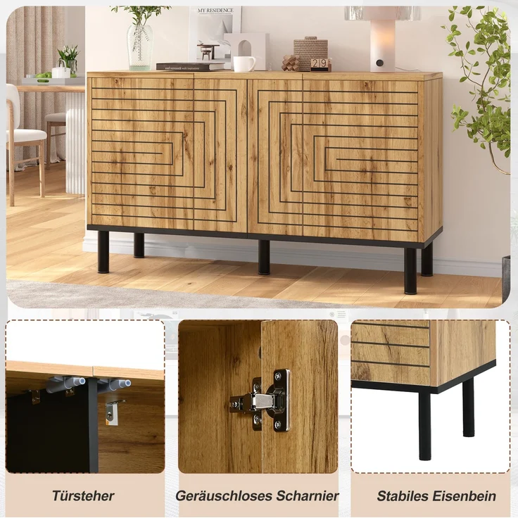 DESVIAE Sideboard Holzfarbe aus MDF/Spanplatte – 120x68x35 cm – 3 Push-Open-Türen – Bild 5