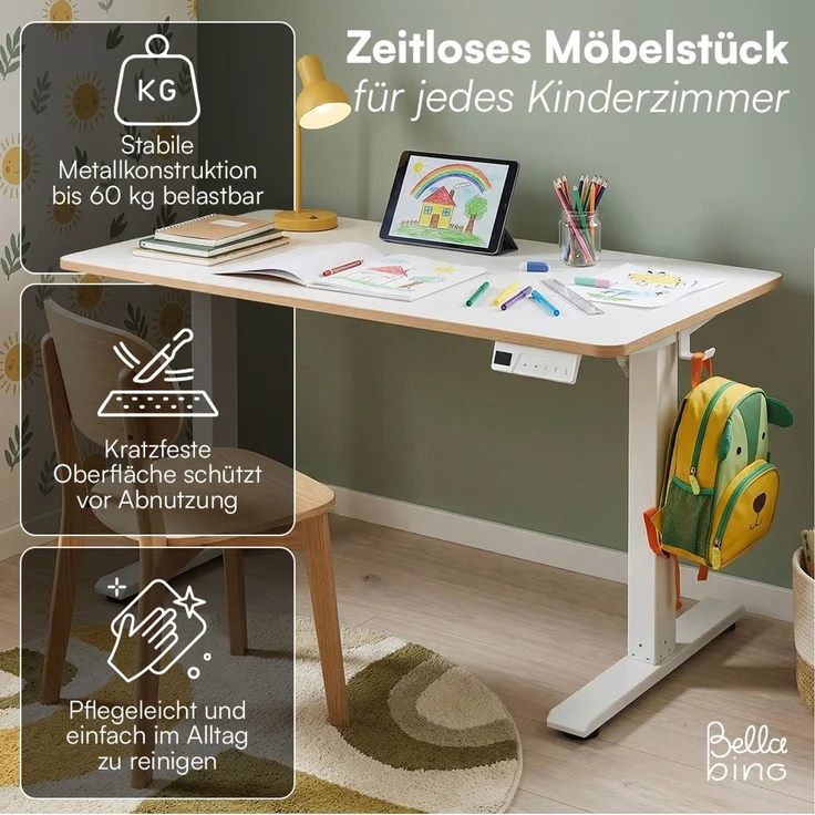 Bellabino 'Toro' Kinderschreibtisch 110x60 cm, elektrisch höhenverstellbar, weiß, Schreibtisch mit kindergesicherter Steuerung, LED-Höhenanzeige und 3 Speicherhöhen, Jugendschreibtisch mit Rucksackhaken, ab 6 Jahren – Bild 2