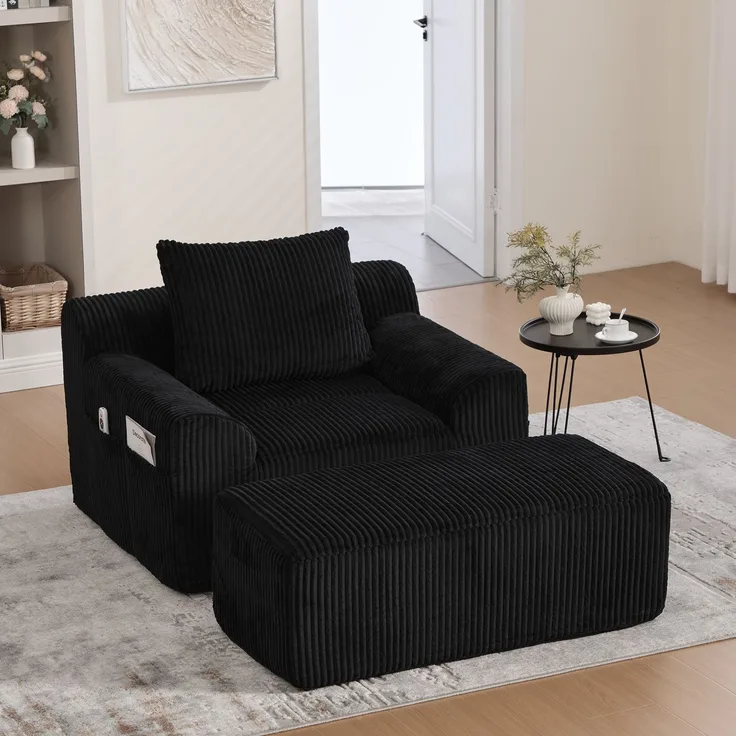 Sessel Cord mit Fußhocker, 147 x 110 x 67 cm,Relaxsessel mit Stauraumtaschen & Federkern, kein Aufbau,Schwarz