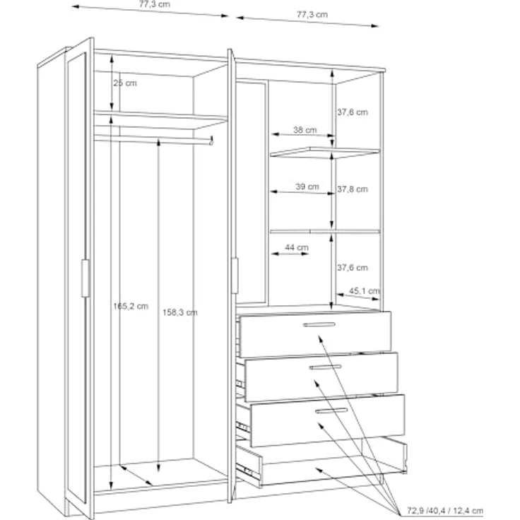 FORTE DEWANIA Kleiderschrank 160, Schrank mit offenen Regalfächern und Spiegel, Holzwerkstoff, Weiß, 159,3 cm breit, 203,4 cm hoch, 52,7 cm tief – Bild 9