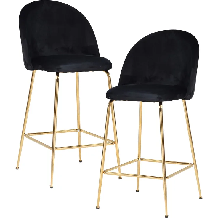 Barhocker 2er Set Samt Schwarz mit Lehne Goldene Beine Skandinavisch 110kg