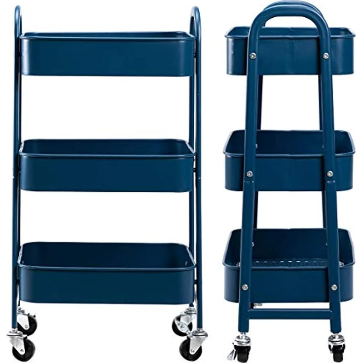 DOEWORKS Rollwagen Metall Aufbewahrungswagen Küchenwagen 3-Etagen, Servierwagen Organizer Wagen mit Rädern für Wohnzimmer Schlafzimmer Make-up Badezimmer Büro, Dunkelblau – Bild 8