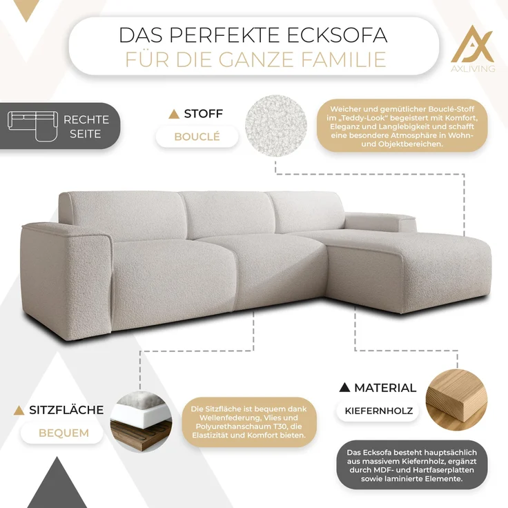 AX LIVING Couch Sofa L Form Didim mini Weiß 310 cm breit, stilvoll R – Bild 5