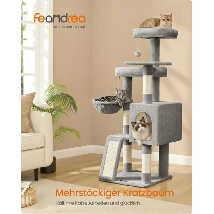 FEANDREA Kletterbaum mehrstufig, mit Rampe, Kratzsäulen, 3 Plattformen, Höhle, Korb, 2 Bällen, 136 cm hoch, taubengrau – Bild 1