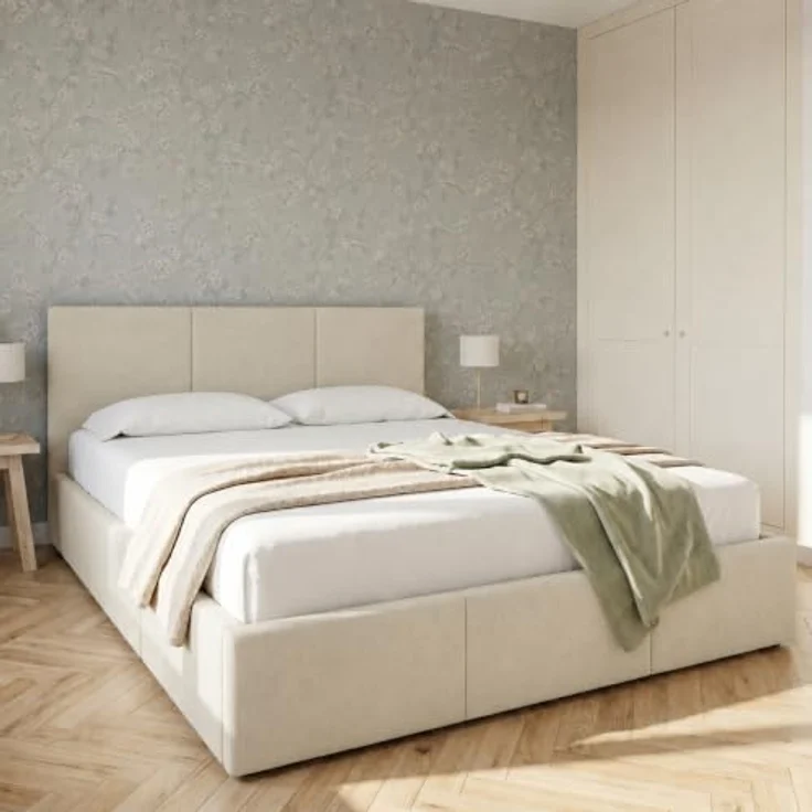 Home Collective Polsterbett, Doppelbett mit Bettkasten und flexiblem Lattenrost, Veloursstoff Beige, mehrere Größen (120x200, 140x200, 160x200, 180x200) – Bild 1