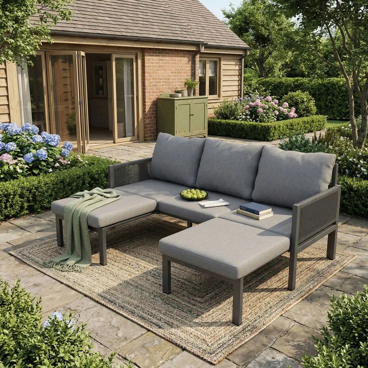 Merax Gartenmöbel-Set, Outdoorsofa, 3-Sitzer-Sofa, Multifunktionales Sofa, lässt sich in einen Liegesessel verwandeln, verzinktes Eisen, grau – Bild 2