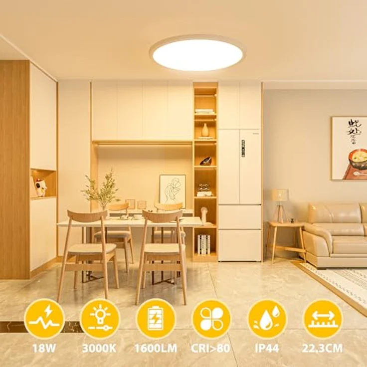 OUILA LED Deckenleuchte Flach Rund - Ø22CM Deckenlampe LED 18W 1600LM 3000K Warmweiß IP44 Wasserdicht Badezimmer Lampe, Badlampe Decke für Bad Küche Flur Schlafzimmer Keller – Bild 3