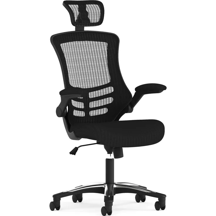 Flash Furniture Bürostuhl mit hoher Rückenlehne – Ergonomischer Schreibtischstuhl mit hochklappbaren Armlehnen und verstellbarer Kopfstütze – Perfekt für Home Office oder Büro – Schwarz