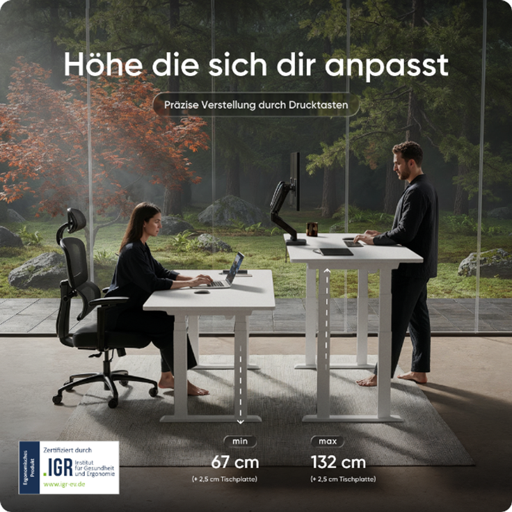 DESKSPACE Höhenverstellbarer Schreibtisch elektrisch mit leisem Dual-Motor – stabiles 4-Bein-Gestell (Weiß Gestell, Weiß Tischplatte, 120×60 cm) – Bild 5
