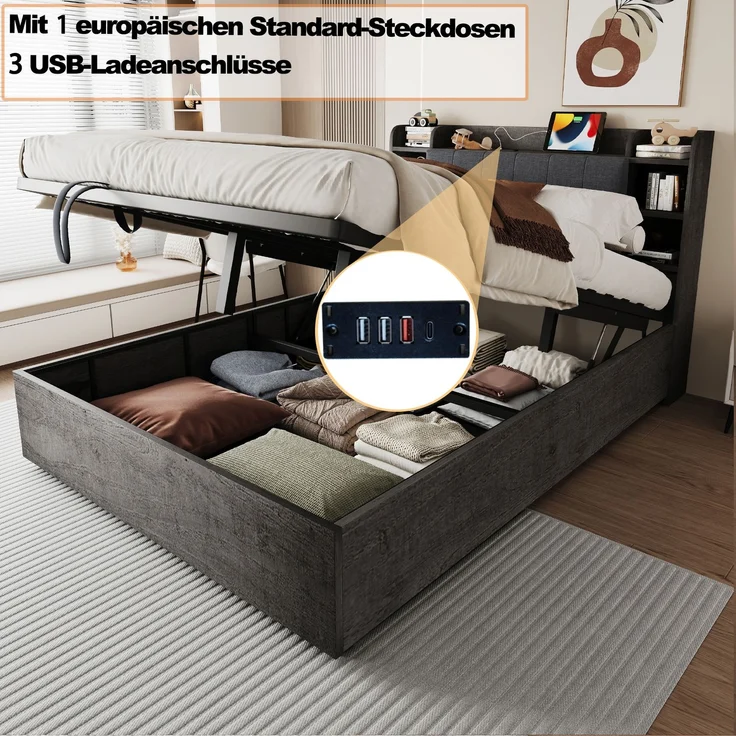 Merax Doppelbett, 180 x 200 cm, Holzbett, Hydraulisches Bett, Kopfteil mit Stauraum, Ausgestattet mit USB-Anschluss und Tape-C-Steckdose, (ohne Matratze) Grau – Bild 3