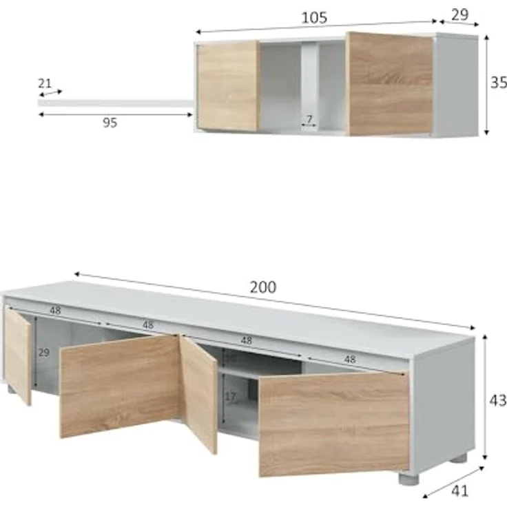 Dmora - Wandsystem Savannah, TV-Ständer, Wohnzimmermöbel, Zusammensetzung des Wohnzimmersets, Wohnzimmerset mit Schrankwand, 200 x 41 x 43 cm, Weiß und Eiche – Bild 3