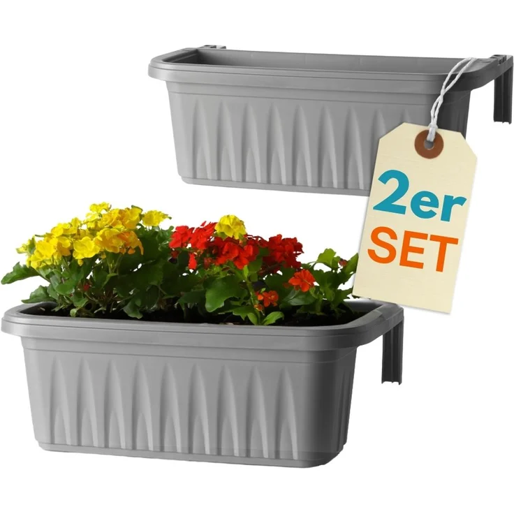 GarPet Balkonkasten 2er Set Blumenkasten Balkon Geländer Kasten Halterung Wasserspeicher – Bild 1