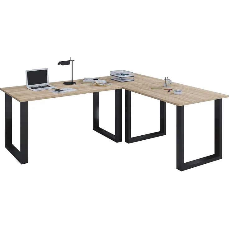 VCM Schreibtisch Lona 916426 Schwarz / Sonoma-Eiche H. 76 x B. 190 x T. 160 cm