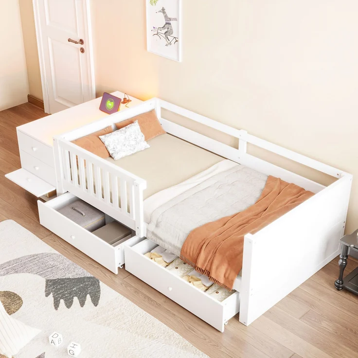 EINHOM Kinderbett 90 x 200 cm mit Separatem Stauraum, Schreibtischfunktion, Steckdose, LED-Beleuchtung, Doppelschubladen, Regalen und Halboffenem Sicherheitsgitter, Weiß (Ohne Matratze) – Bild 3