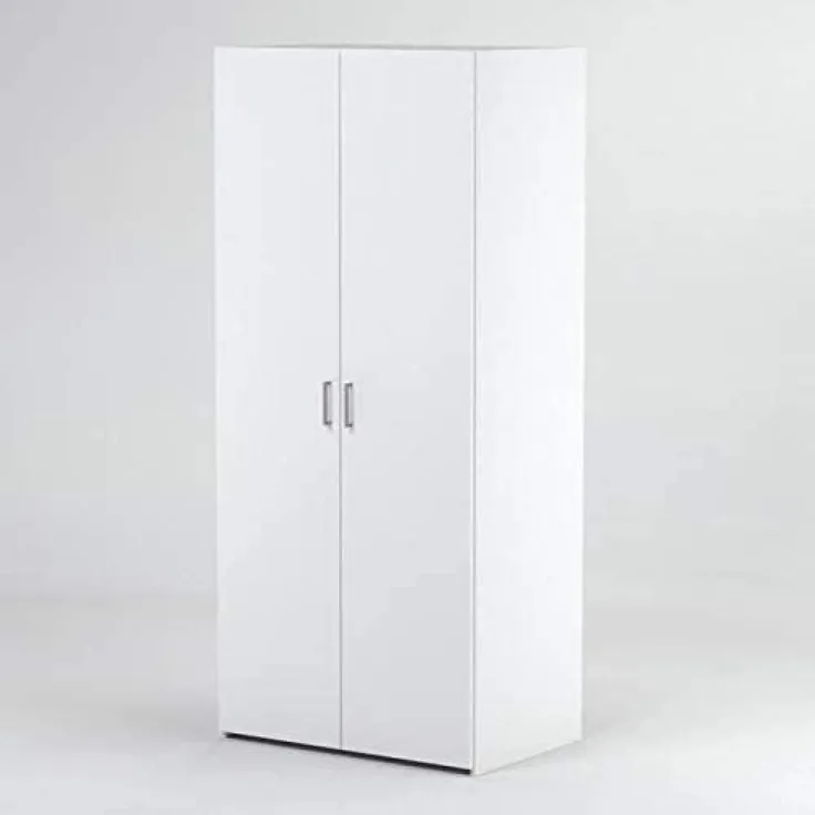 Kleiderschrank mit zwei Flügeltüren mit zwei Innenböden und Kleiderstange, Farbe weiß, Maße 77 x 175 x 49 cm