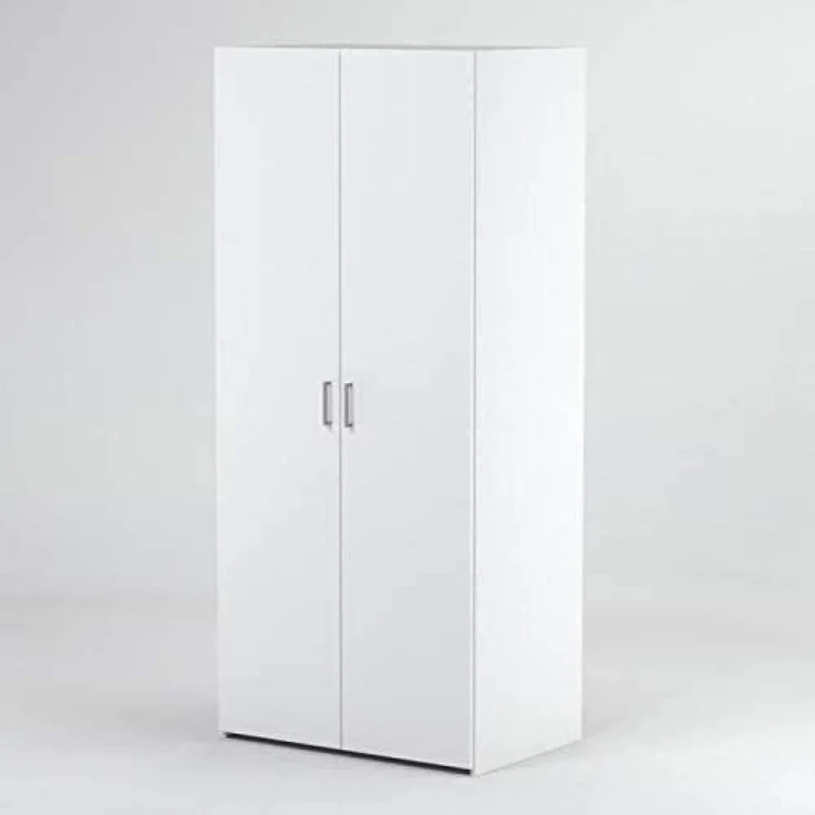 Kleiderschrank mit zwei Flügeltüren mit zwei Innenböden und Kleiderstange, Farbe weiß, Maße 77 x 175 x 49 cm