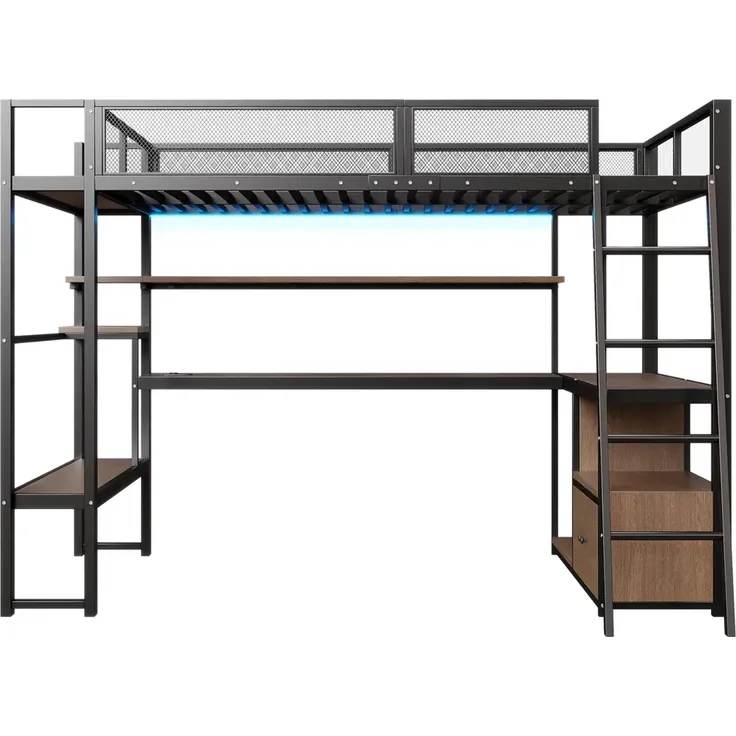 Hochbett mit Eckschreibtisch, LED-Streifen, PC-Ständer, Steckdose, USB, Rausfallschutz, Regal, Schrank, 140x200cm, Kinderbett, Jugendbett, Metallbett – Bild 6