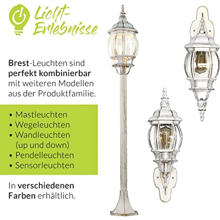 Licht-Erlebnisse Wandleuchte Aussen Vintage, Außenlampe Weiß Gold, H:54 cm, IP44, E27, für Terrasse und Balkon – Bild 3