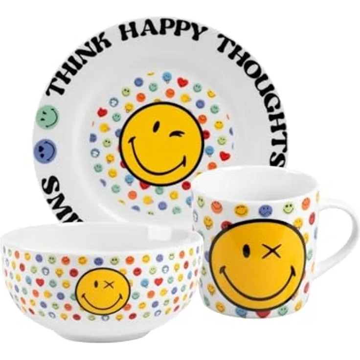 United Labels® Frühstücks-Geschirrset Smileyworld - Think Happy Thoughts - Set, 3-tlg, 1 Personen, Porzellan
