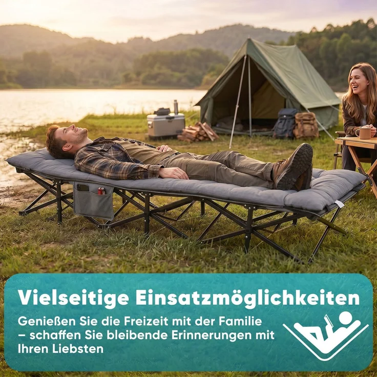 Sekey Campingbett bis 250kg, Feldbett mit abnehmbare Perlschaum-Matratze, Klappbett mit Seitentasche & 14 Stützpunkten 190cm – Bild 5