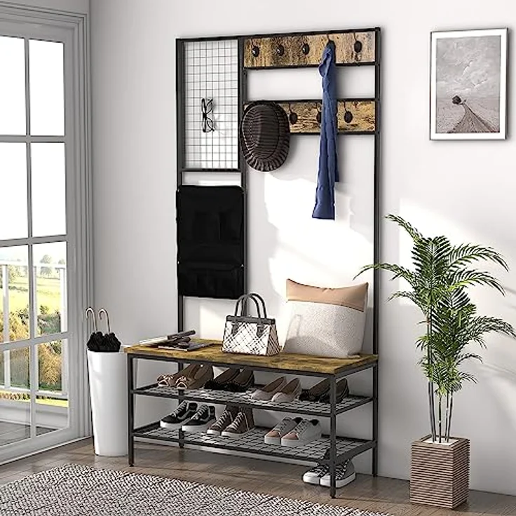 HOMCOM Garderobenständer, Braun, Metall und Holzwerkstoff, mit Schuhregal, 9 Haken und Memo-Board, 100x40x185 cm – Bild 2