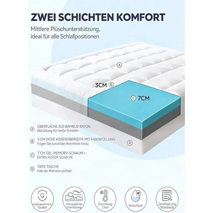 Elemuse, Topper H3/H4 Gel Memory-Schaum Matratzentopper, Waschbar Bezug, 10 cm hoch, Doppel Komfortschaum, für Matratze, Boxspringbett, Allergiker geeignet – Bild 2