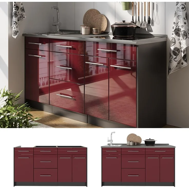 Küchenblock Fame-Line Bordeaux Hochglanz 150 cm, AP Marmor Vicco – Bild 7