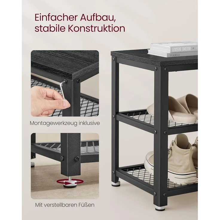 VASAGLE Schuhbank, Schuhregal mit 2 Gitterablagen, Aufbewahrung für Schuhe, 30 x 73 x 45 cm, für Eingangsbereich, Flur, Wohnzimmer, Metallgestell, Industrie-Design, ebenholzschwarz-schwarz LBS073B06 – Bild 6