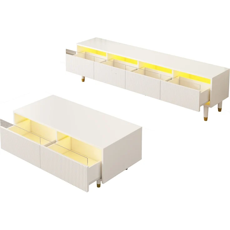 JARDJ Modernes LED-Möbelset: Viertüriger TV-Ständer und Couchtisch mit zwei Schubladen – Weiß mit Gold-Design, LED-Beleuchtung, Wellenstruktur und Acrylfronten für einen stilvollen Wohnstil – Bild 7