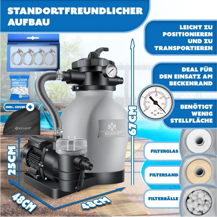 KESSER Sandfilteranlage 600W Sandfilter für Pools 13200L/h Durchfluss Poolfilter 7-Wege Ventil (Filteranlage mit Pumpe, 1200g Filterbälle Druckmanometer, Abdeckung), Tankvolumen für bis 30kg Sand Professionelle Poolwasserfilterung – Bild 2